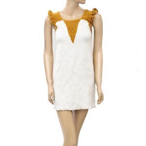 Urban Outfitters UO Knit Crochet Tunic Mini Dress Smocked Bodycon Ivory S 223426